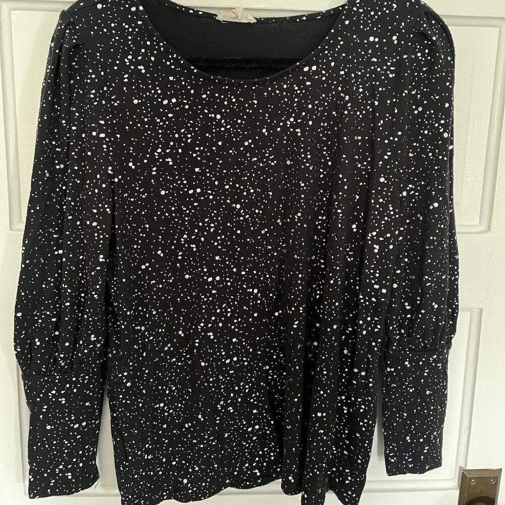 Black Silver Flecked Print Puff Sleeve Pullover Sweater